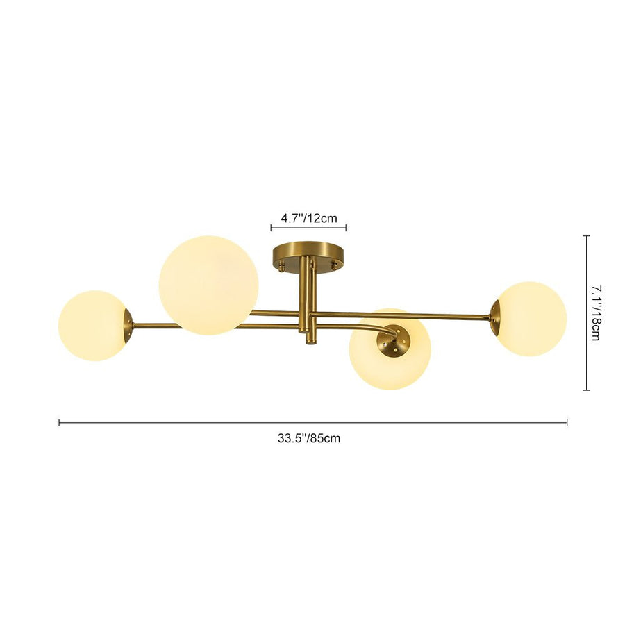 LightFixturesUSA - 4 - Light Minimalist Linear Sputnik Opal Glass Globe Semi Flush - Ceiling Light - Brass - 