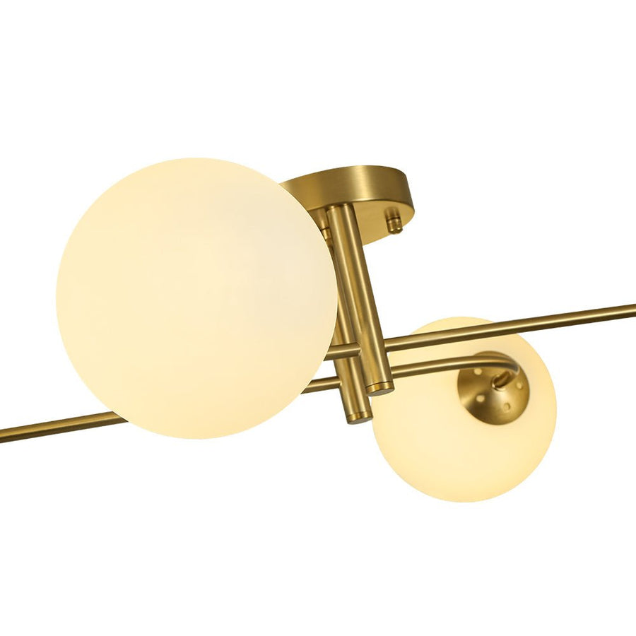 LightFixturesUSA - 4 - Light Minimalist Linear Sputnik Opal Glass Globe Semi Flush - Ceiling Light - Brass - 