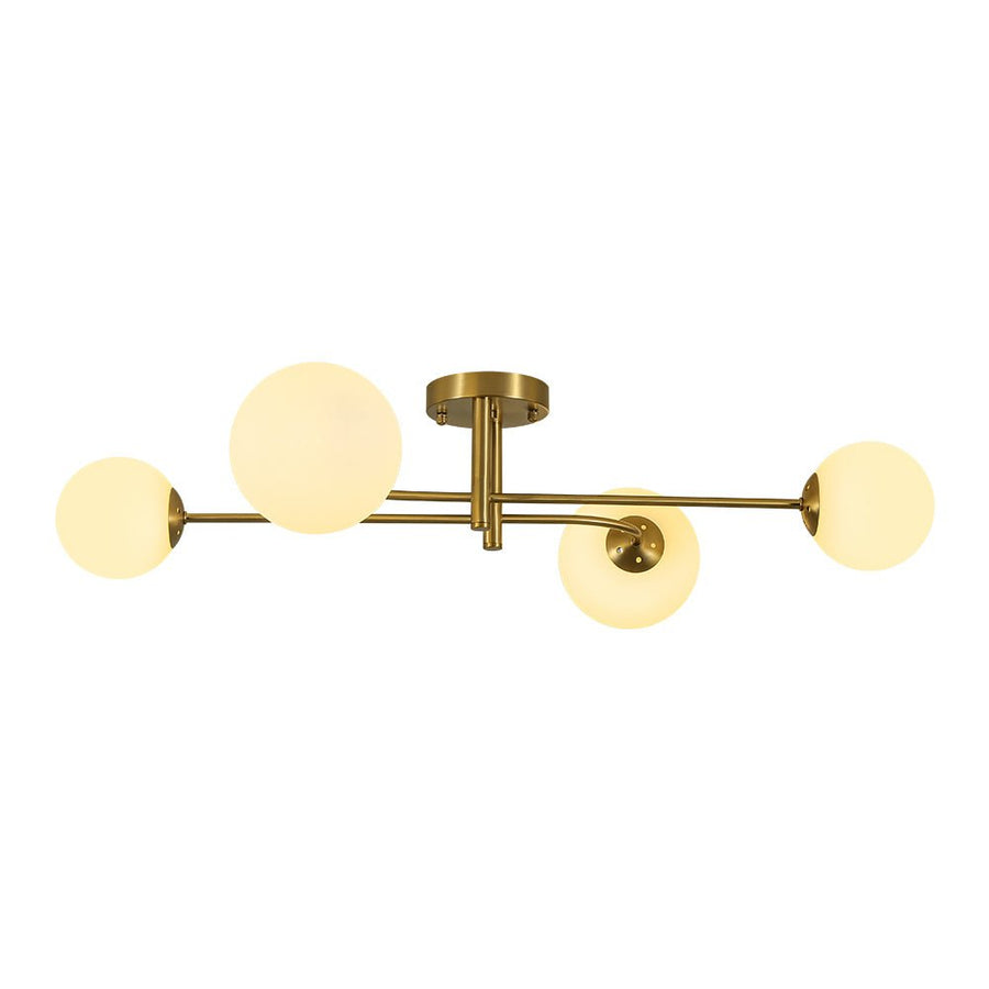 LightFixturesUSA - 4 - Light Minimalist Linear Sputnik Opal Glass Globe Semi Flush - Ceiling Light - Brass - 