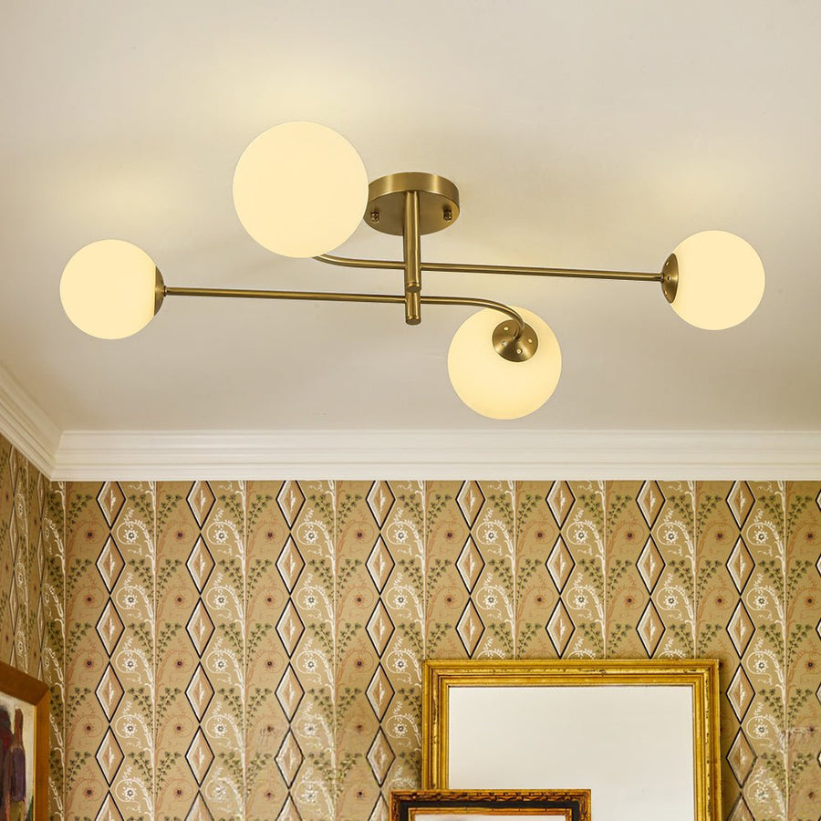 LightFixturesUSA - 4 - Light Minimalist Linear Sputnik Opal Glass Globe Semi Flush - Ceiling Light - Brass - 