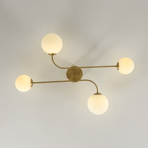 LightFixturesUSA - 4 - Light Minimalist Linear Sputnik Opal Glass Globe Semi Flush - Ceiling Light - Brass - 