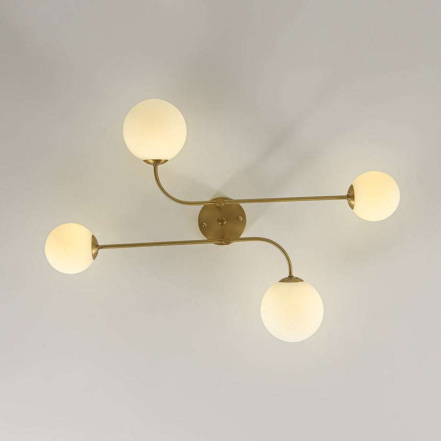 LightFixturesUSA - 4 - Light Minimalist Linear Sputnik Opal Glass Globe Semi Flush - Ceiling Light - Brass - 