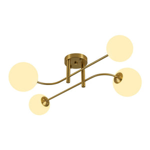 LightFixturesUSA - 4 - Light Minimalist Linear Sputnik Opal Glass Globe Semi Flush - Ceiling Light - Brass - 