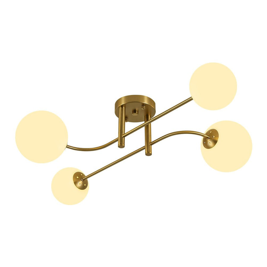 LightFixturesUSA - 4 - Light Minimalist Linear Sputnik Opal Glass Globe Semi Flush - Ceiling Light - Brass - 