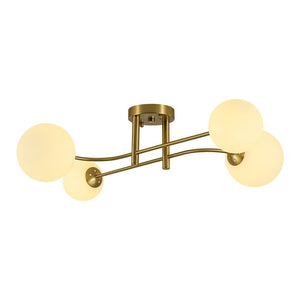 LightFixturesUSA - 4 - Light Minimalist Linear Sputnik Opal Glass Globe Semi Flush - Ceiling Light - Brass - 