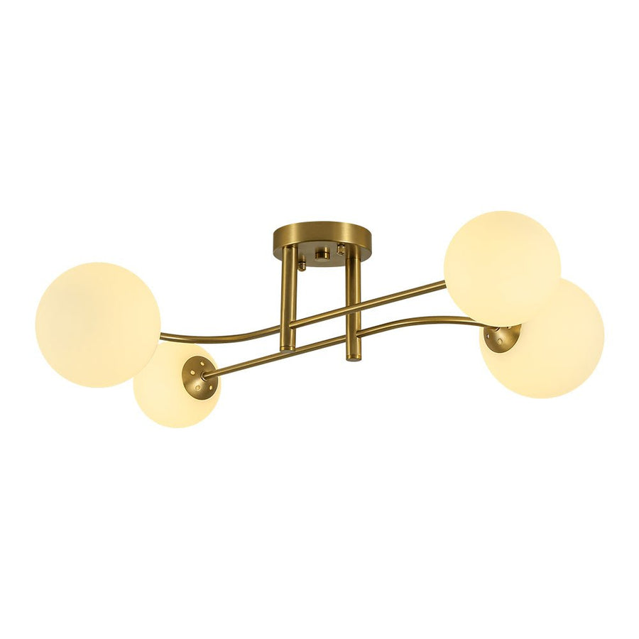 LightFixturesUSA - 4 - Light Minimalist Linear Sputnik Opal Glass Globe Semi Flush - Ceiling Light - Brass - 