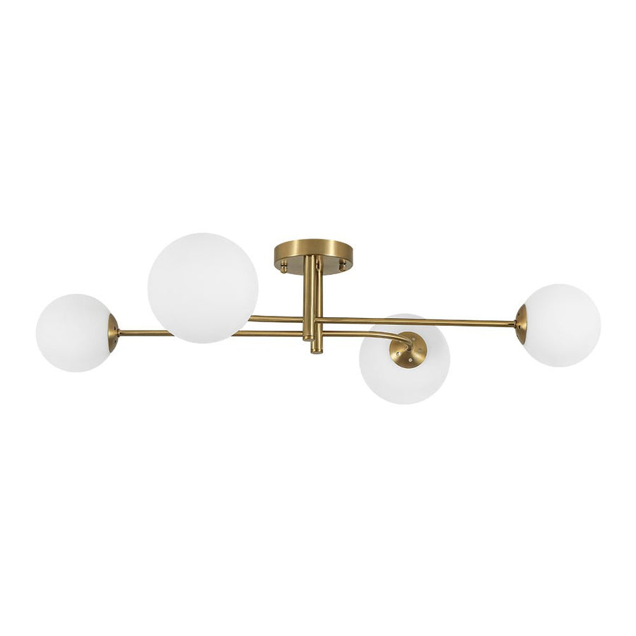 LightFixturesUSA - 4 - Light Minimalist Linear Sputnik Opal Glass Globe Semi Flush - Ceiling Light - Brass - 
