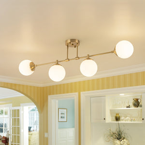 LightFixturesUSA-4-Light Opal Glass Globe Linear Island Semi Flush Chandelier-Ceiling Light-Brass-