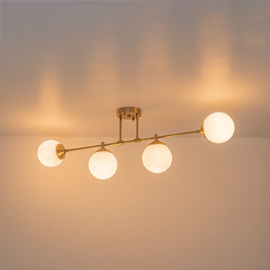 LightFixturesUSA-4-Light Opal Glass Globe Linear Island Semi Flush Chandelier-Ceiling Light-Brass-