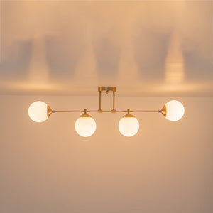 LightFixturesUSA-4-Light Opal Glass Globe Linear Island Semi Flush Chandelier-Ceiling Light-Brass-