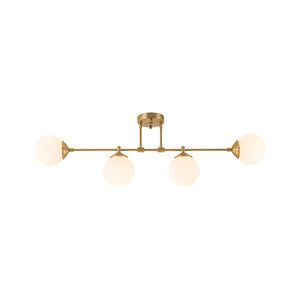 LightFixturesUSA-4-Light Opal Glass Globe Linear Island Semi Flush Chandelier-Ceiling Light-Brass-