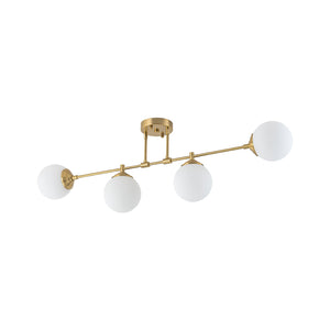 LightFixturesUSA-4-Light Opal Glass Globe Linear Island Semi Flush Chandelier-Ceiling Light-Brass-