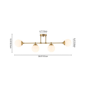 LightFixturesUSA-4-Light Opal Glass Globe Linear Island Semi Flush Chandelier-Ceiling Light-Brass-