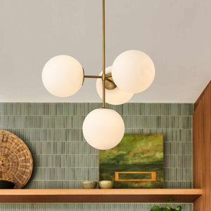 LightFixturesUSA-4-Light Opal Glass Globe Sputnik Semi Flush Chandelier-Ceiling Light-Brass-