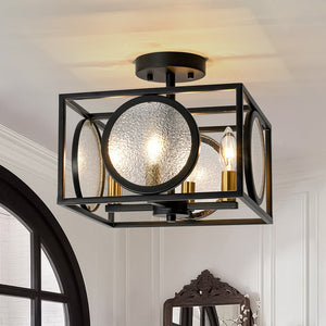 LightFixturesUSA - 4 - light Textured Glass Square Lantern Semi Flush Mount - Ceiling Light - Black - 