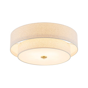 LightFixturesUSA-4-Light Tiered Beige Linen Round Drum Brass Semi Flush Mount-Ceiling Light-22 in-