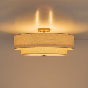 LightFixturesUSA-4-Light Tiered Beige Linen Round Drum Brass Semi Flush Mount-Ceiling Light-22 in-