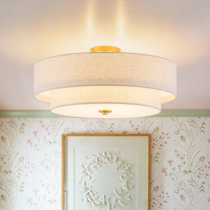 LightFixturesUSA-4-Light Tiered Beige Linen Round Drum Brass Semi Flush Mount-Ceiling Light-22 in-