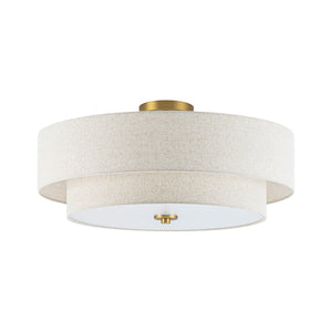 LightFixturesUSA-4-Light Tiered Beige Linen Round Drum Brass Semi Flush Mount-Ceiling Light-22 in-