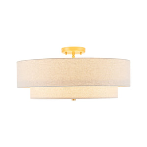 LightFixturesUSA-4-Light Tiered Beige Linen Round Drum Brass Semi Flush Mount-Ceiling Light-22 in-