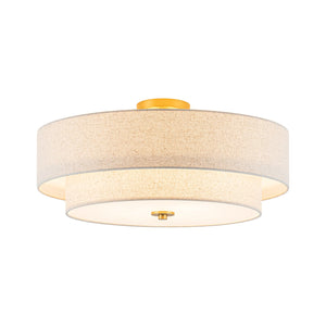 LightFixturesUSA-4-Light Tiered Beige Linen Round Drum Brass Semi Flush Mount-Ceiling Light-22 in-