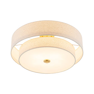 LightFixturesUSA-4-Light Tiered Beige Linen Round Drum Brass Semi Flush Mount-Ceiling Light-22 in-