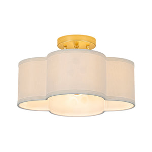 LightFixturesUSA-4-Light White Fabric Quatrefoil Cage Semi Flush Mount-Ceiling Light-Brass-