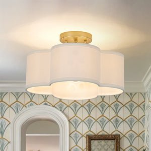 LightFixturesUSA-4-Light White Fabric Quatrefoil Cage Semi Flush Mount-Ceiling Light-Brass-