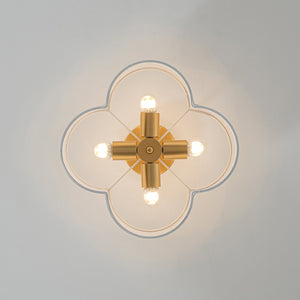 LightFixturesUSA-4-Light White Fabric Quatrefoil Cage Semi Flush Mount-Ceiling Light-Brass-