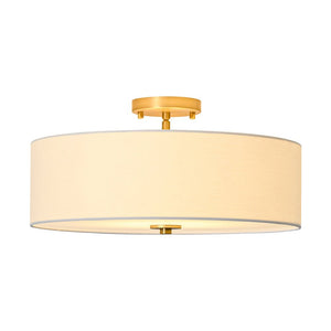 LightFixturesUSA - 4 - Light White Linen Round Drum Brass Semi Flush Mount - Ceiling Light - 1 - Tier - 