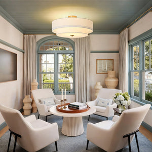 LightFixturesUSA - 4 - Light White Linen Round Drum Brass Semi Flush Mount - Ceiling Light - 1 - Tier - 