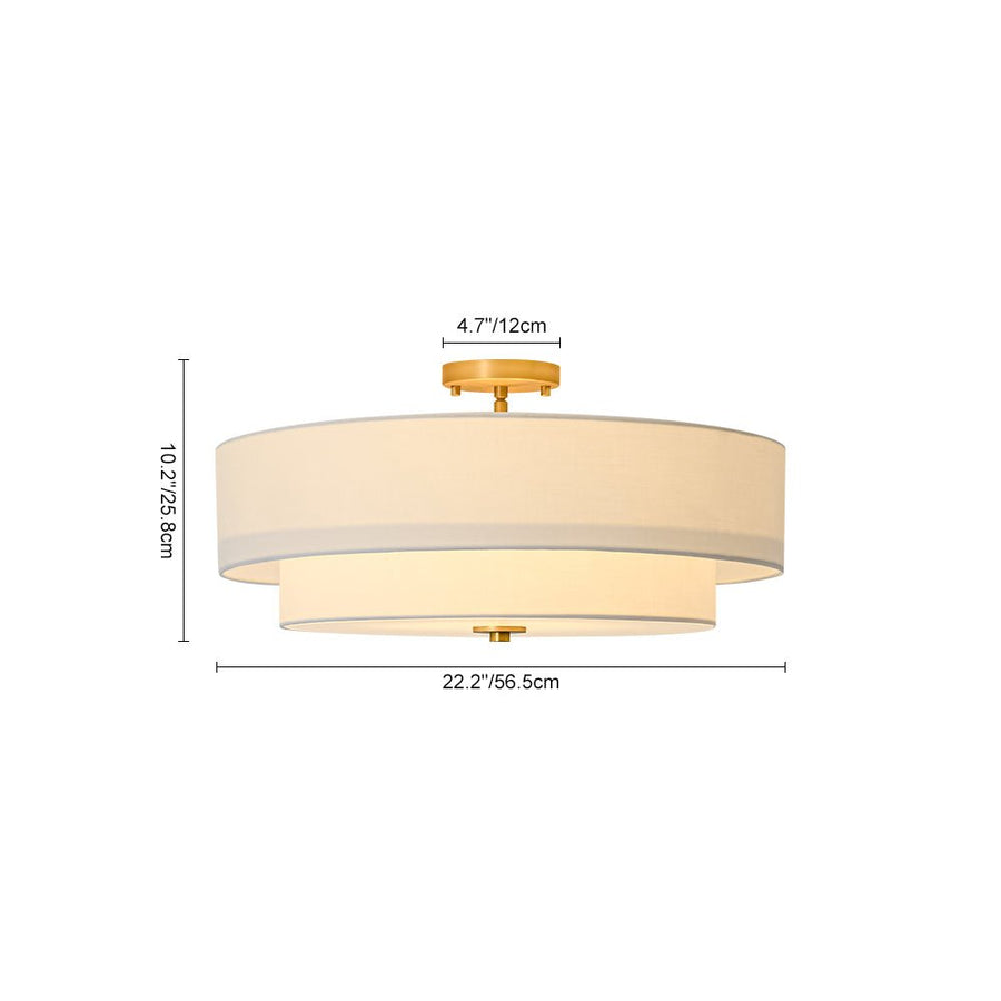 LightFixturesUSA - 4 - Light White Linen Round Drum Brass Semi Flush Mount - Ceiling Light - 1 - Tier - 
