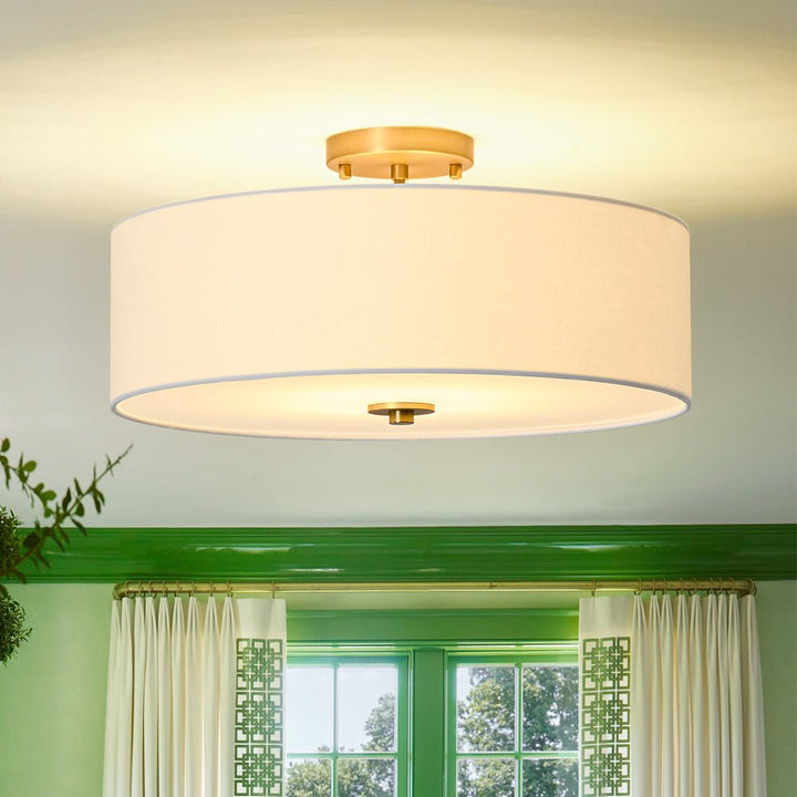 LightFixturesUSA - 4 - Light White Linen Round Drum Brass Semi Flush Mount - Ceiling Light - 1 - Tier - 