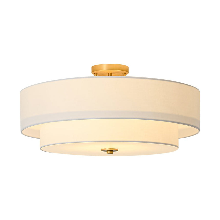 LightFixturesUSA - 4 - Light White Linen Round Drum Brass Semi Flush Mount - Ceiling Light - 1 - Tier - 