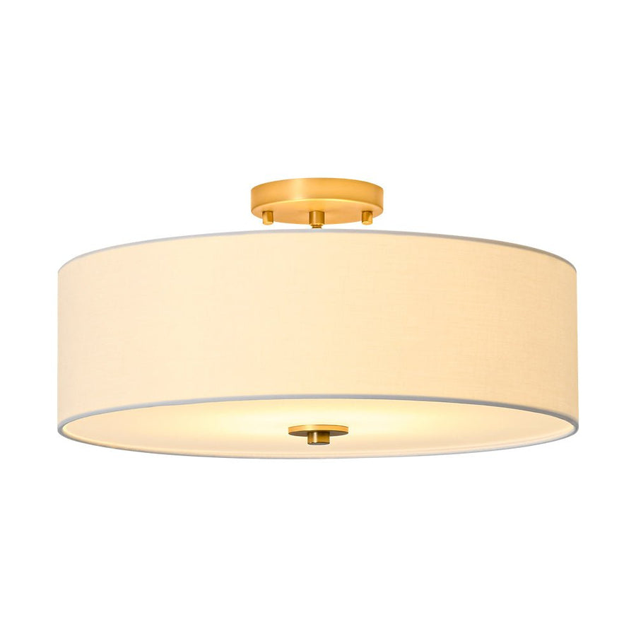 LightFixturesUSA - 4 - Light White Linen Round Drum Brass Semi Flush Mount - Ceiling Light - 1 - Tier - 