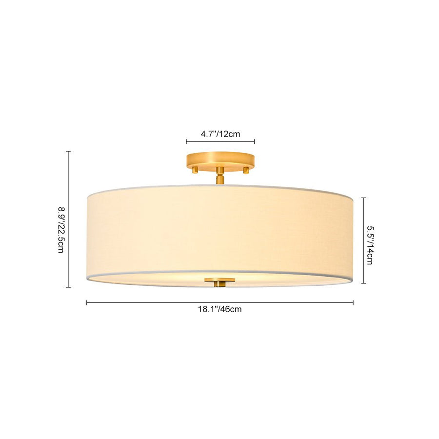 LightFixturesUSA - 4 - Light White Linen Round Drum Brass Semi Flush Mount - Ceiling Light - 1 - Tier - 