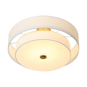 LightFixturesUSA - 4 - Light White Linen Round Drum Brass Semi Flush Mount - Ceiling Light - 2 - Tier - 