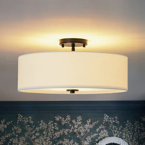 LightFixturesUSA - 4 - Light White Linen Round Drum Semi Flush Mount - Ceiling Light - Black/1 - Tier - 