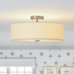 LightFixturesUSA - 4 - Light White Linen Round Drum Semi Flush Mount - Ceiling Light - Nickel/1 - Tier - 