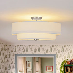 LightFixturesUSA - 4 - Light White Linen Round Drum Semi Flush Mount - Ceiling Light - Nickel/2 - Tier - 