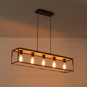 LightFixturesUSA - 5 - Light Aged Oak Iron Rectangle Cage Island Chandelier - Chandelier - 5 - Lt - 