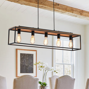 LightFixturesUSA - 5 - Light Aged Oak Iron Rectangle Cage Island Chandelier - Chandelier - 5 - Lt - 