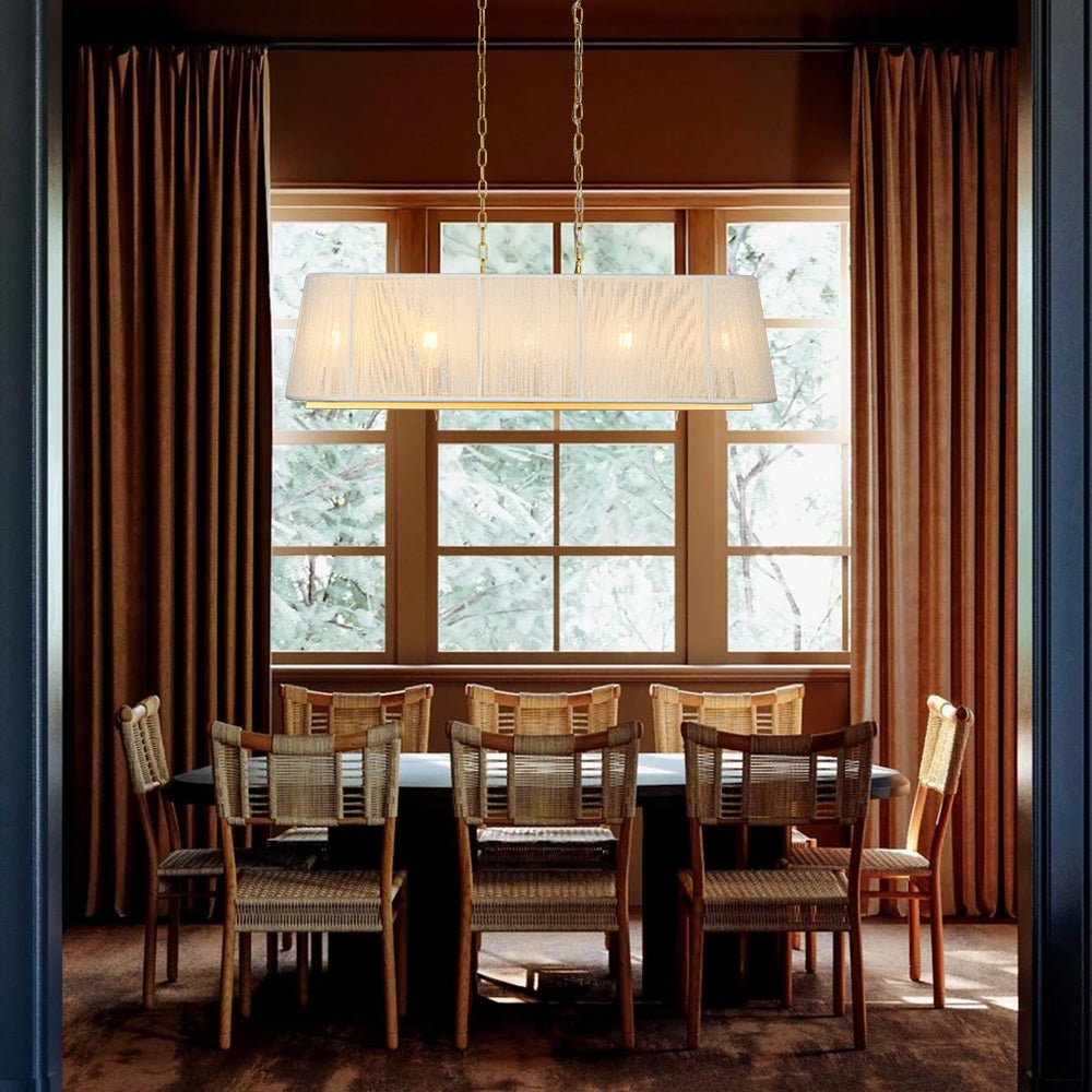 Thread Linear Led Beige Woven Thread Linear Cage Island Chandelier | LightFixturesUSA