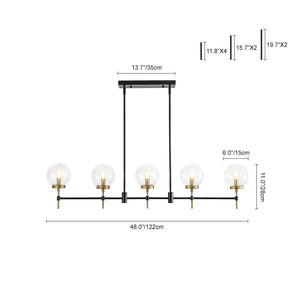 LightFixturesUSA-5-Light Black Brass Glass Globe Linear Island Chandelier-Chandelier-48 in-