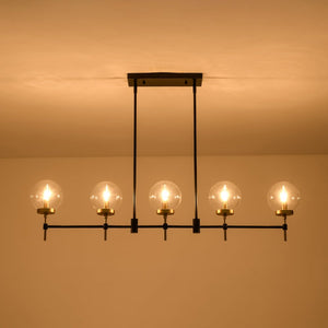LightFixturesUSA-5-Light Black Brass Glass Globe Linear Island Chandelier-Chandelier-48 in-