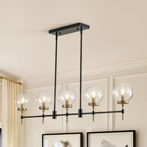 LightFixturesUSA-5-Light Black Brass Glass Globe Linear Island Chandelier-Chandelier-48 in-