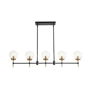 LightFixturesUSA-5-Light Black Brass Glass Globe Linear Island Chandelier-Chandelier-48 in-