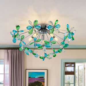 LightFixturesUSA - 5 - Light Bloom Green Blue Crystal Dandelion Semi Flush Mount - Ceiling Light - Chrome - 