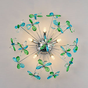 LightFixturesUSA - 5 - Light Bloom Green Blue Crystal Dandelion Semi Flush Mount - Ceiling Light - Chrome - 