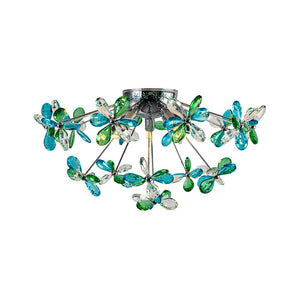 LightFixturesUSA - 5 - Light Bloom Green Blue Crystal Dandelion Semi Flush Mount - Ceiling Light - Chrome - 